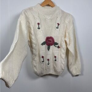 VTG Shenanigan Cream M Rose Hand Knit Cable Sweater Cottage Coquette Romantic